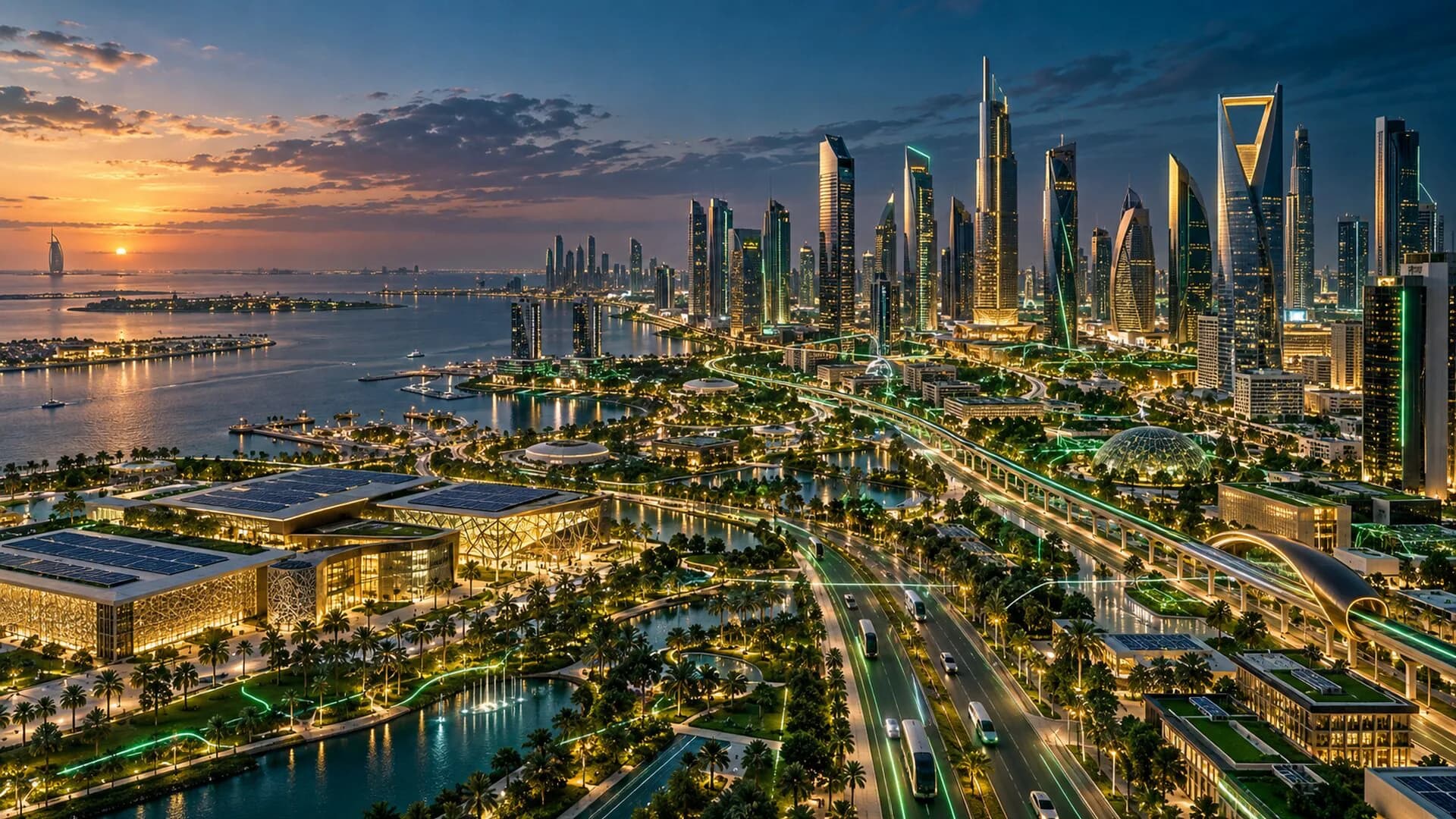 A connected district at night